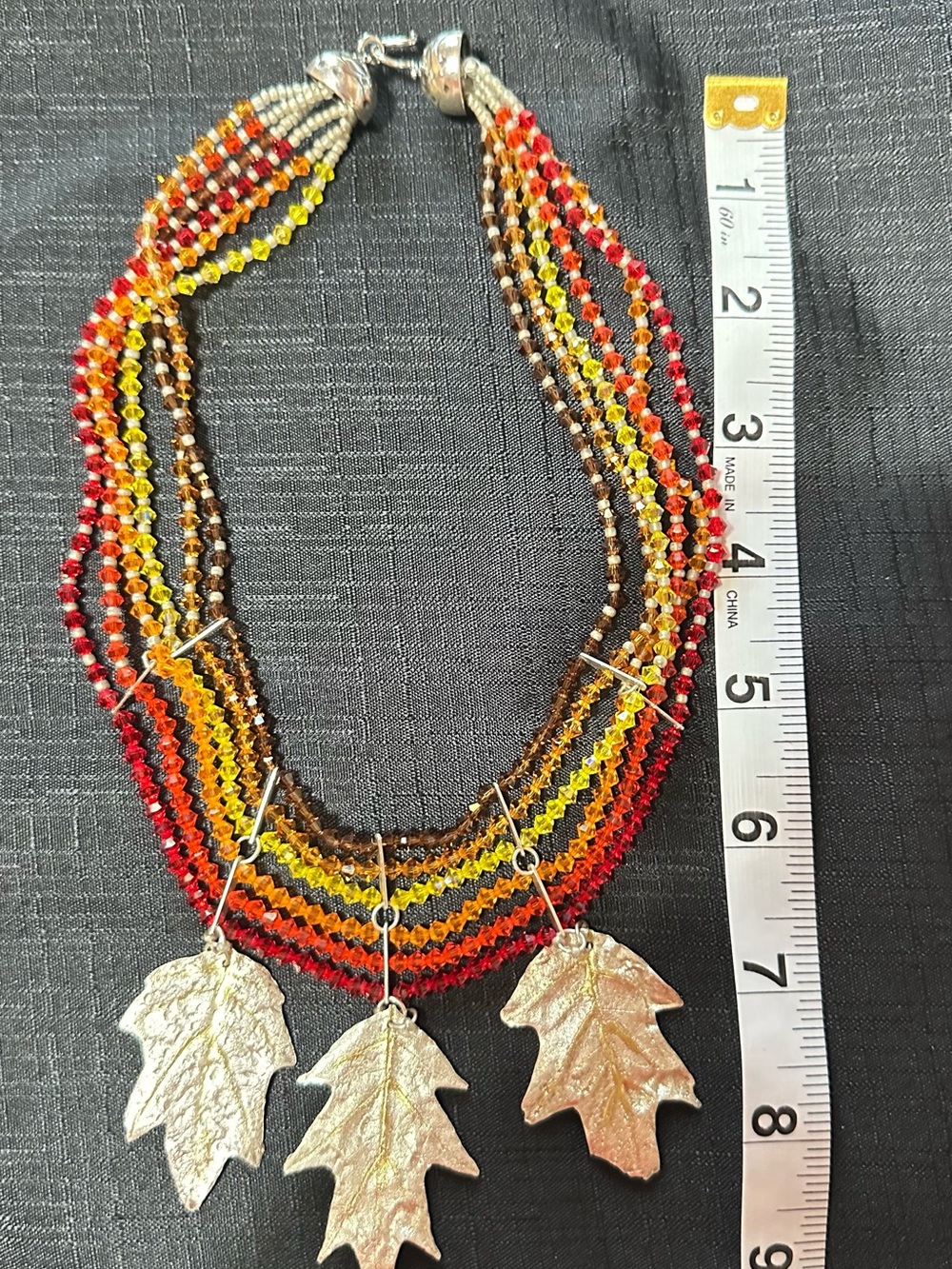 Multistrand Autumn Leaf Beaded Necklace - Red, Orange, Yellow